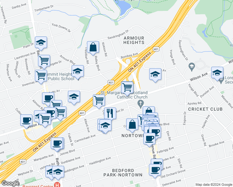 map of restaurants, bars, coffee shops, grocery stores, and more near in Toronto
