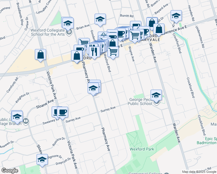 map of restaurants, bars, coffee shops, grocery stores, and more near in Toronto