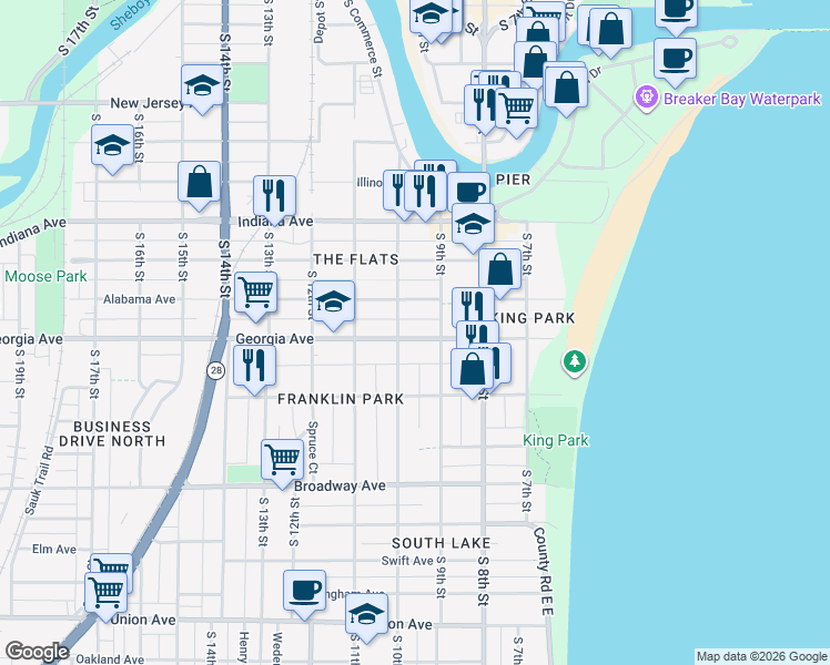 map of restaurants, bars, coffee shops, grocery stores, and more near 922 Georgia Avenue in Sheboygan