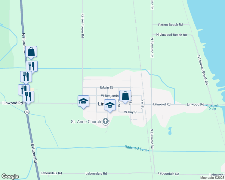 map of restaurants, bars, coffee shops, grocery stores, and more near 313 Edwin Street in Linwood