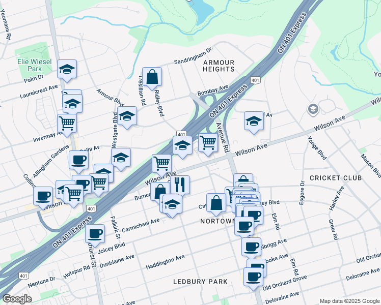 map of restaurants, bars, coffee shops, grocery stores, and more near 271 Ridley Boulevard in Toronto