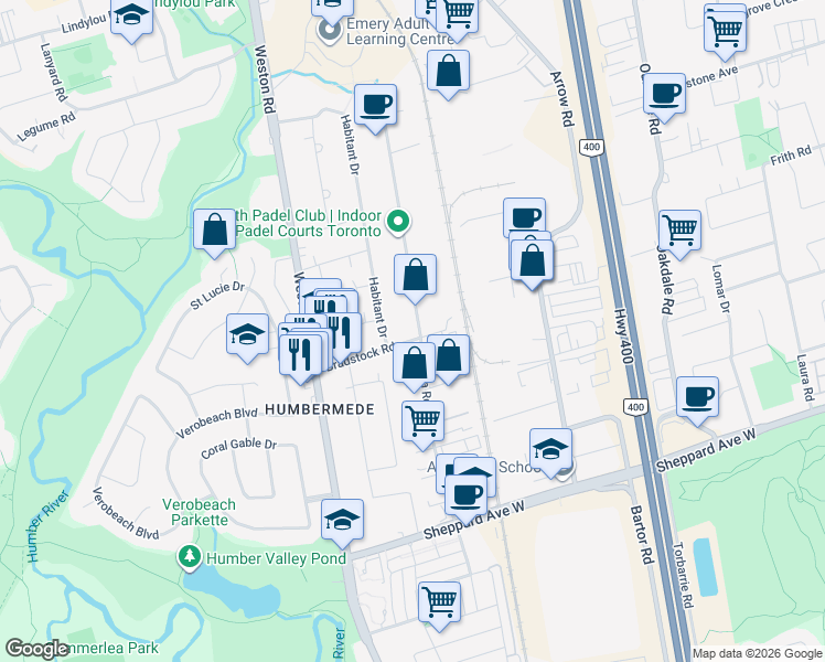 map of restaurants, bars, coffee shops, grocery stores, and more near 78 Rivalda Road in Toronto