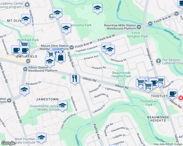 map of restaurants, bars, coffee shops, grocery stores, and more near 168 Taysham Crescent in Toronto