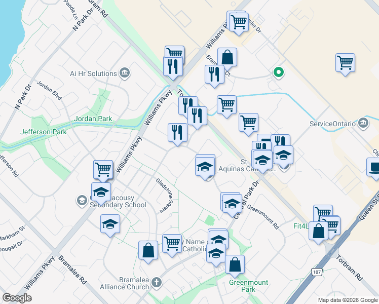 map of restaurants, bars, coffee shops, grocery stores, and more near 63 Greenbriar Road in Brampton