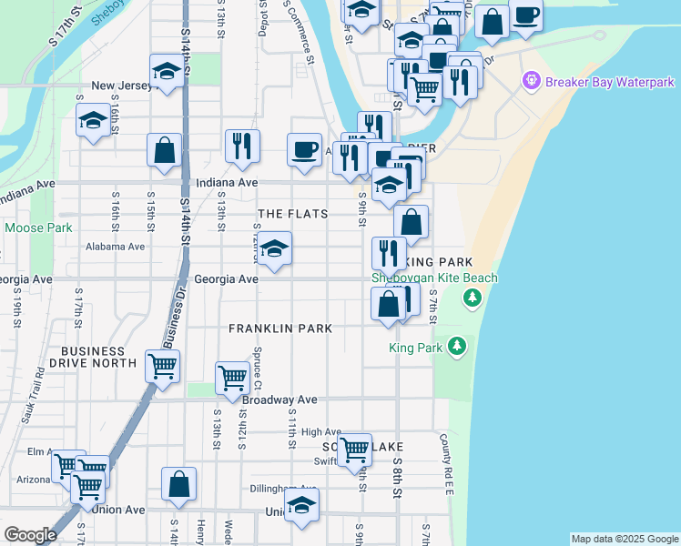 map of restaurants, bars, coffee shops, grocery stores, and more near 922 Georgia Avenue in Sheboygan