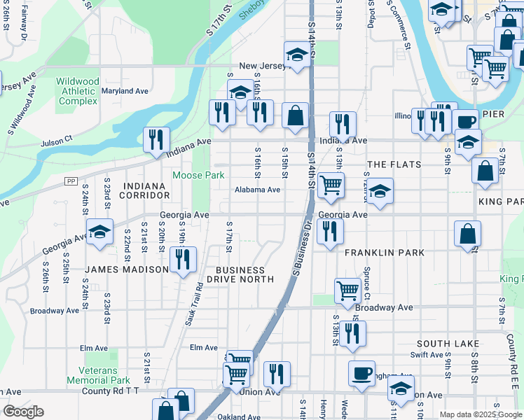 map of restaurants, bars, coffee shops, grocery stores, and more near 1534 Georgia Avenue in Sheboygan