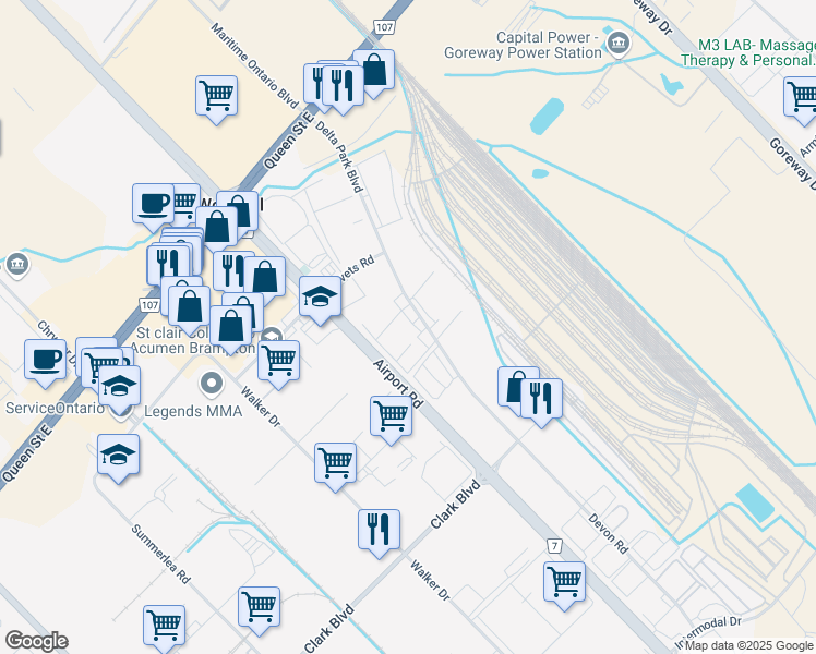 map of restaurants, bars, coffee shops, grocery stores, and more near 100 Delta Park Boulevard in Brampton