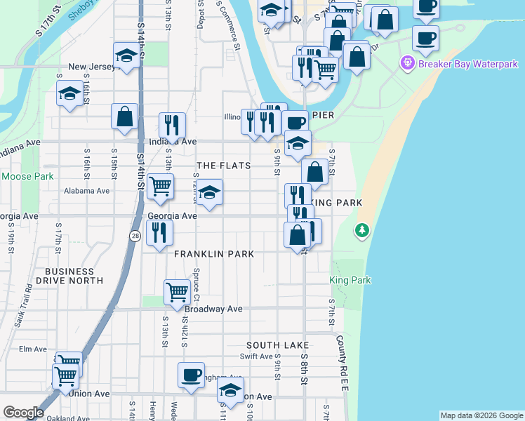 map of restaurants, bars, coffee shops, grocery stores, and more near 922 Georgia Avenue in Sheboygan