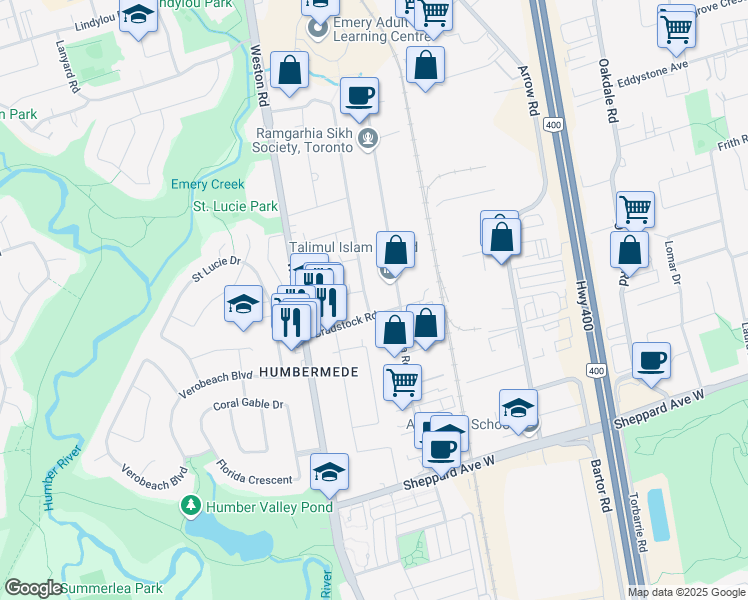 map of restaurants, bars, coffee shops, grocery stores, and more near 9 Habitant Drive in Toronto