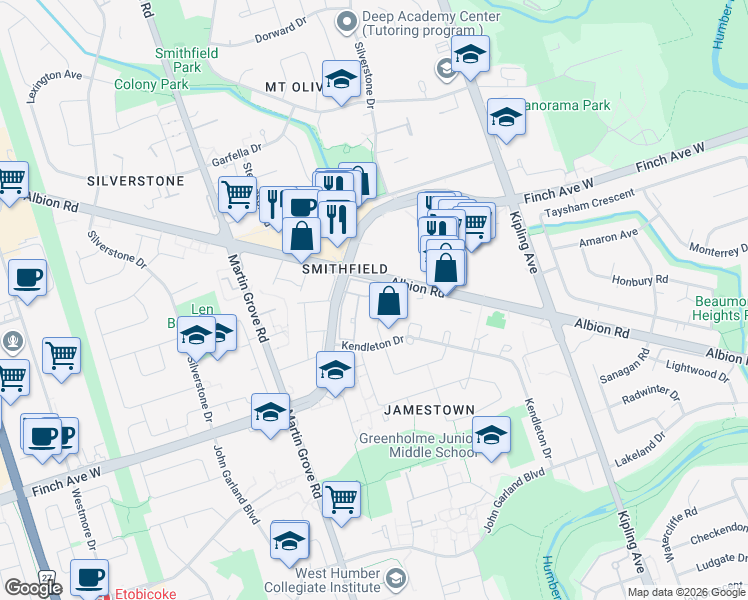map of restaurants, bars, coffee shops, grocery stores, and more near 1559 Albion Road in Toronto