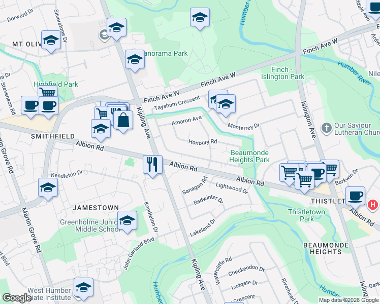 map of restaurants, bars, coffee shops, grocery stores, and more near 168 Taysham Crescent in Toronto