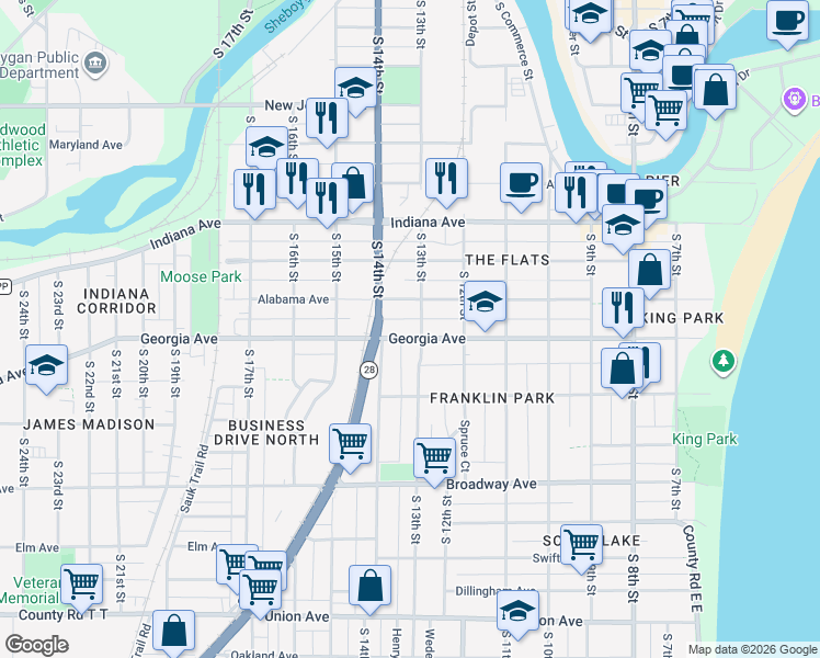 map of restaurants, bars, coffee shops, grocery stores, and more near 1332 South 13th Street in Sheboygan