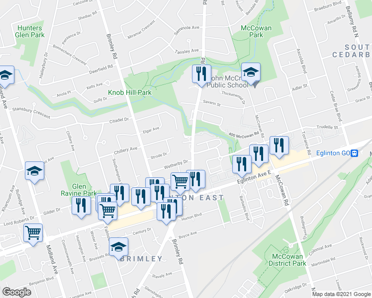 map of restaurants, bars, coffee shops, grocery stores, and more near 1290 Danforth Road in Toronto