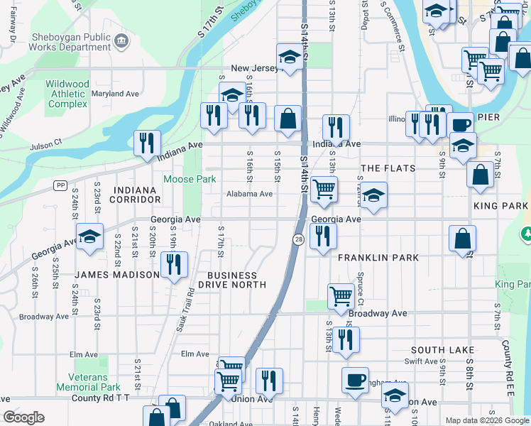 map of restaurants, bars, coffee shops, grocery stores, and more near 1534 Georgia Avenue in Sheboygan