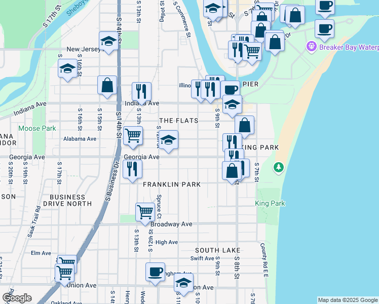 map of restaurants, bars, coffee shops, grocery stores, and more near 1016 Georgia Ave in Sheboygan