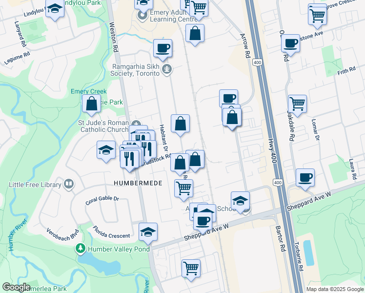 map of restaurants, bars, coffee shops, grocery stores, and more near 77 Rivalda Road in Toronto