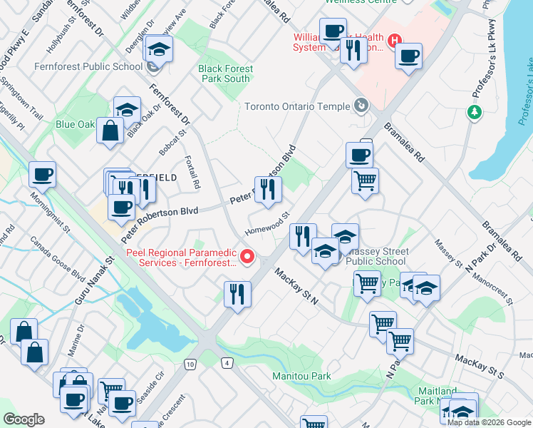 map of restaurants, bars, coffee shops, grocery stores, and more near 35 Twisted Oak Street in Brampton
