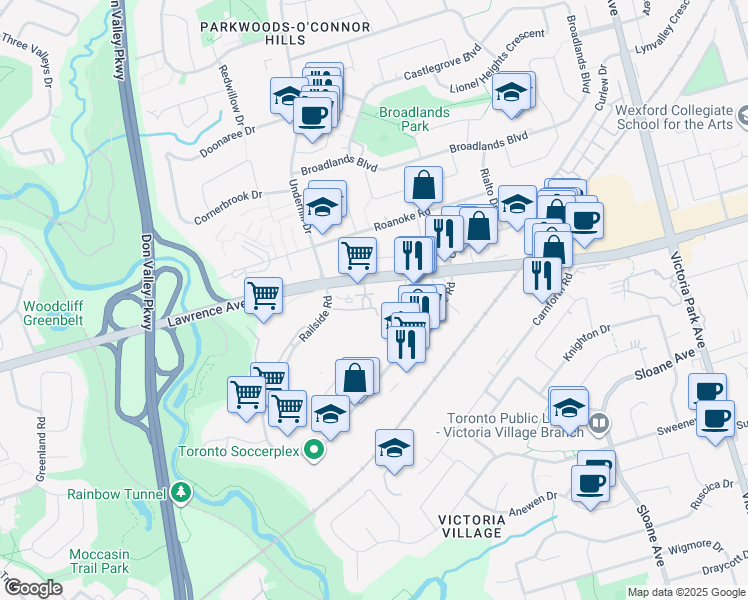map of restaurants, bars, coffee shops, grocery stores, and more near 1315 Lawrence Avenue East in Toronto