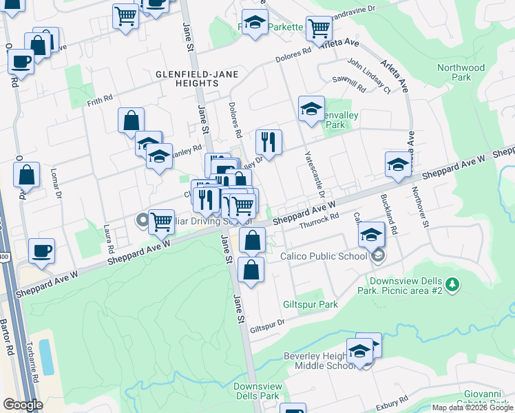 map of restaurants, bars, coffee shops, grocery stores, and more near 12 San Vito Way in Toronto