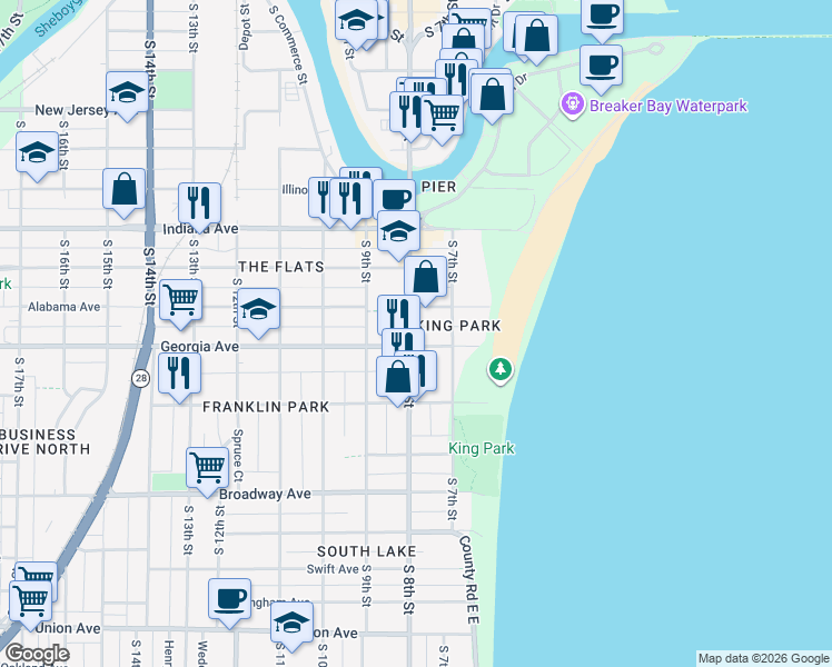 map of restaurants, bars, coffee shops, grocery stores, and more near 1323 South 8th Street in Sheboygan