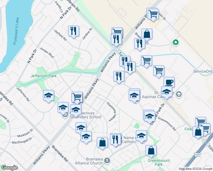 map of restaurants, bars, coffee shops, grocery stores, and more near 9 Graymar Road in Brampton