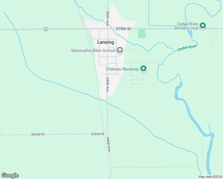 map of restaurants, bars, coffee shops, grocery stores, and more near 26398 540th Avenue in Lansing