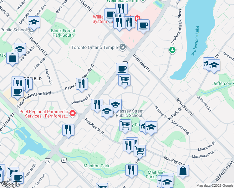 map of restaurants, bars, coffee shops, grocery stores, and more near 74 Massey Street in Brampton