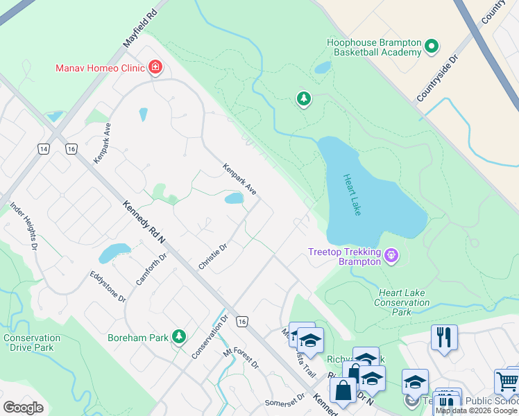 map of restaurants, bars, coffee shops, grocery stores, and more near 41 Christie Drive in Brampton
