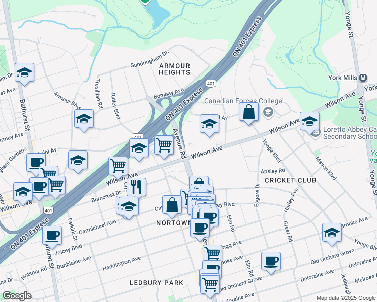 map of restaurants, bars, coffee shops, grocery stores, and more near in Toronto