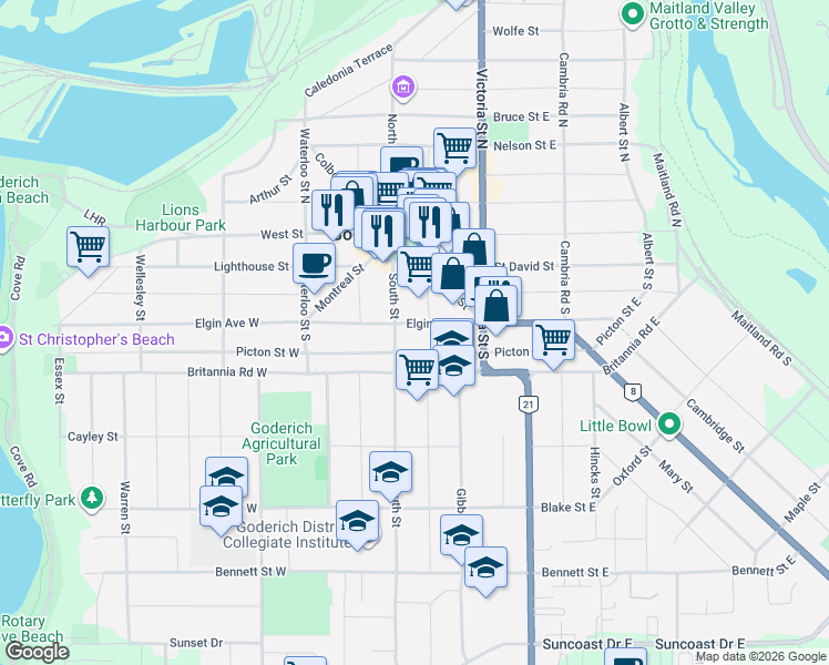 map of restaurants, bars, coffee shops, grocery stores, and more near 14 Elgin Avenue East in Goderich