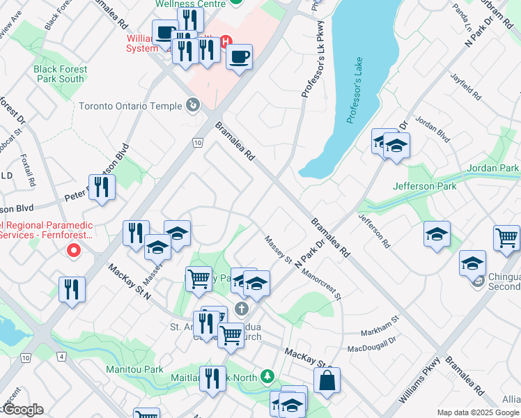 map of restaurants, bars, coffee shops, grocery stores, and more near 15 Marlborough Street in Brampton