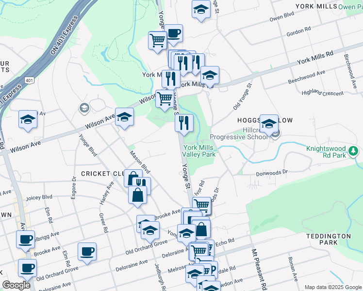 map of restaurants, bars, coffee shops, grocery stores, and more near 4800 Yonge Street in Toronto
