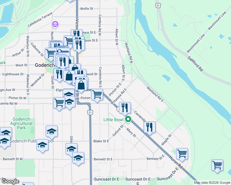 map of restaurants, bars, coffee shops, grocery stores, and more near 206 Picton Street East in Goderich