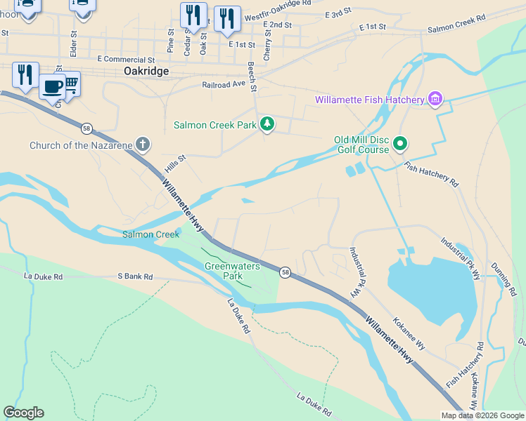 map of restaurants, bars, coffee shops, grocery stores, and more near 48367 Roaring Rapids Way in Oakridge