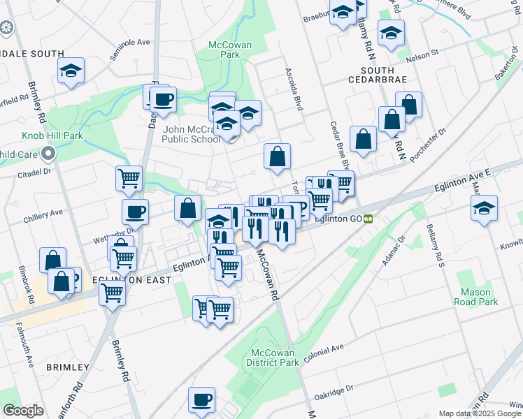 map of restaurants, bars, coffee shops, grocery stores, and more near 121 Trudelle Street in Toronto