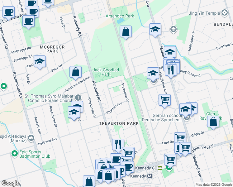 map of restaurants, bars, coffee shops, grocery stores, and more near 10 Shenley Road in Toronto
