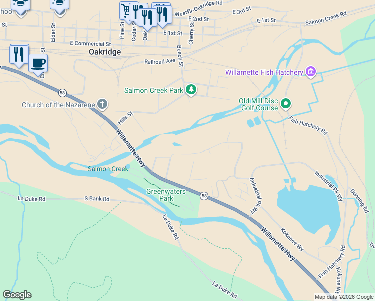 map of restaurants, bars, coffee shops, grocery stores, and more near 48367 Roaring Rapids Way in Oakridge