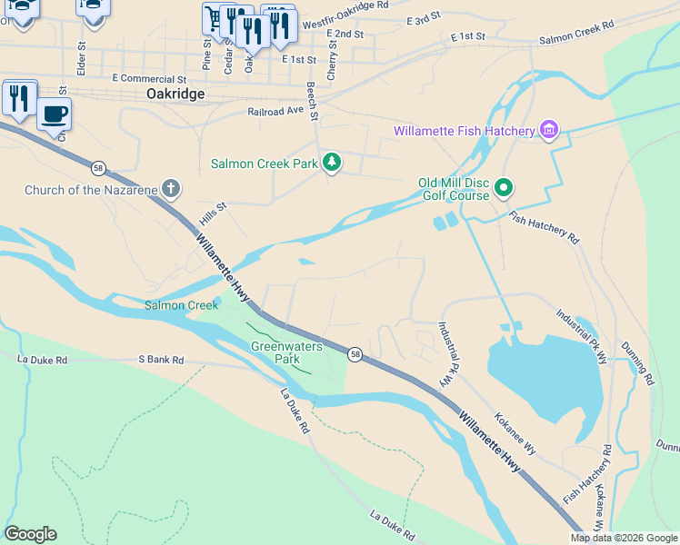 map of restaurants, bars, coffee shops, grocery stores, and more near 48387 Roaring Rapids Way in Oakridge