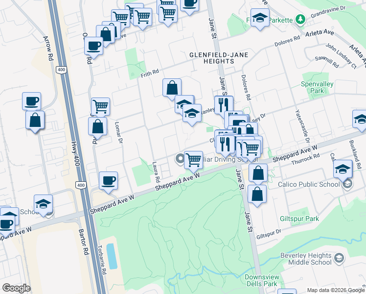 map of restaurants, bars, coffee shops, grocery stores, and more near in Toronto