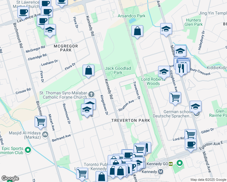 map of restaurants, bars, coffee shops, grocery stores, and more near 893 Kennedy Road in Toronto