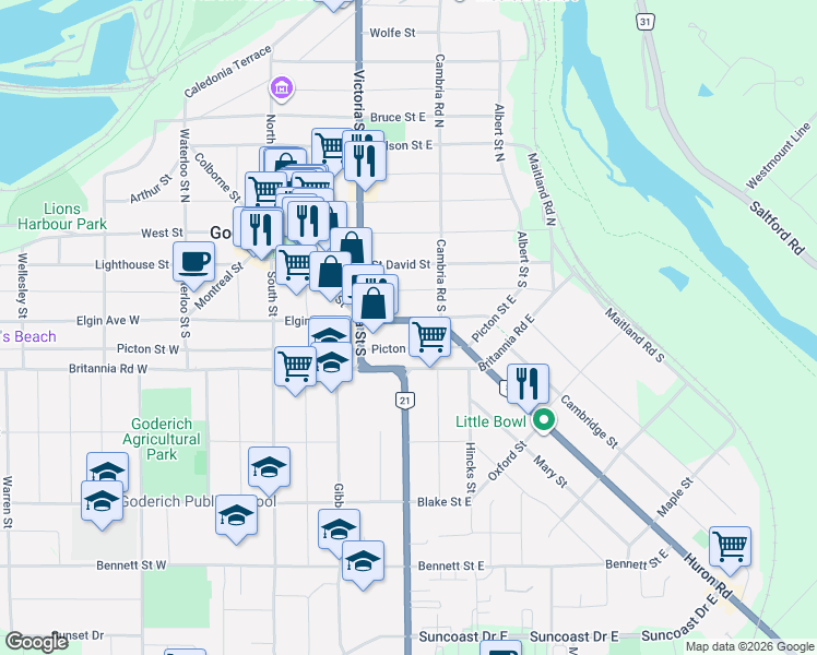 map of restaurants, bars, coffee shops, grocery stores, and more near 101 Picton Street East in Goderich