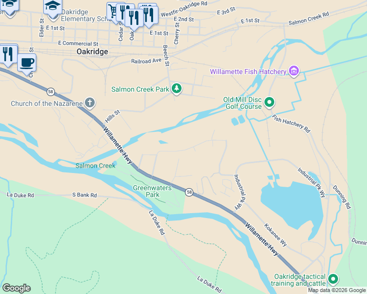 map of restaurants, bars, coffee shops, grocery stores, and more near 48393 Roaring Rapids Way in Oakridge