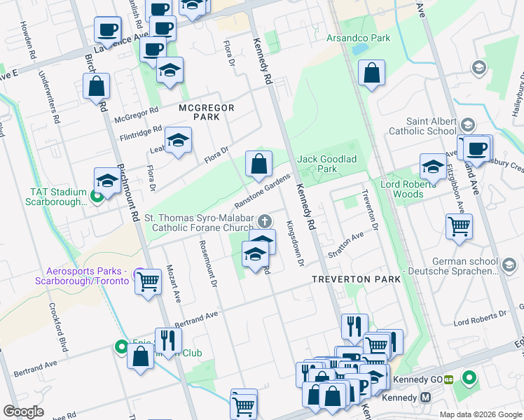 map of restaurants, bars, coffee shops, grocery stores, and more near in Toronto