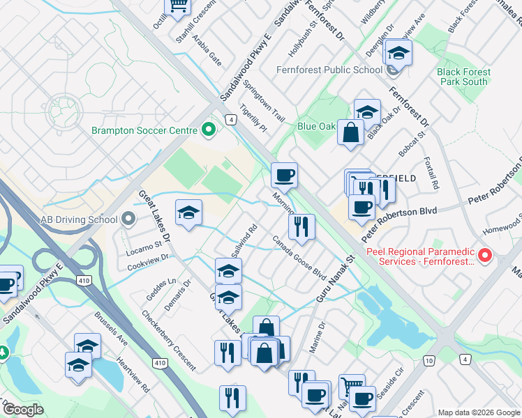 map of restaurants, bars, coffee shops, grocery stores, and more near 277 Morningmist Street in Brampton