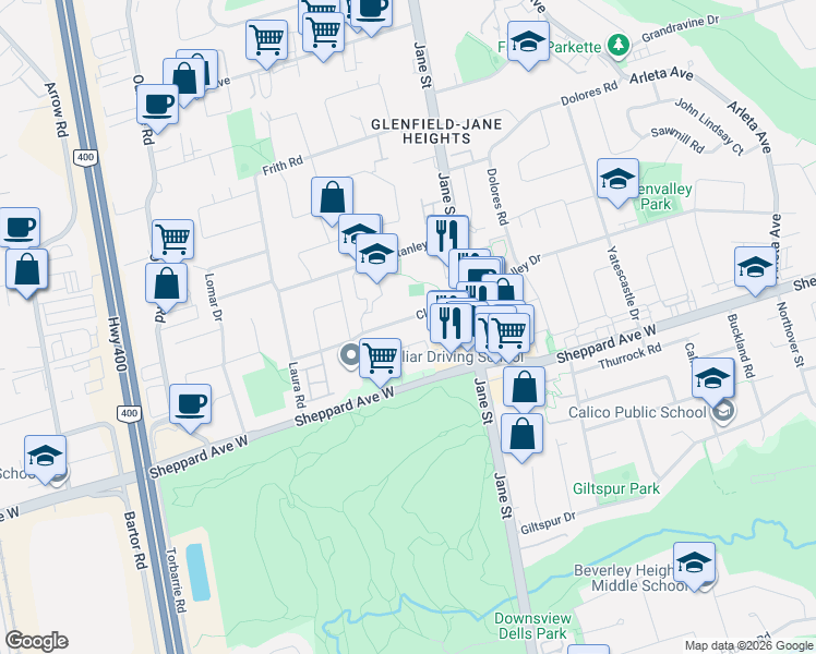map of restaurants, bars, coffee shops, grocery stores, and more near 31 Clair Road in Toronto