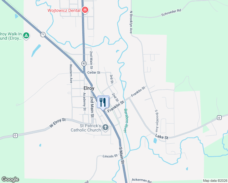 map of restaurants, bars, coffee shops, grocery stores, and more near 112 2nd Street in Elroy