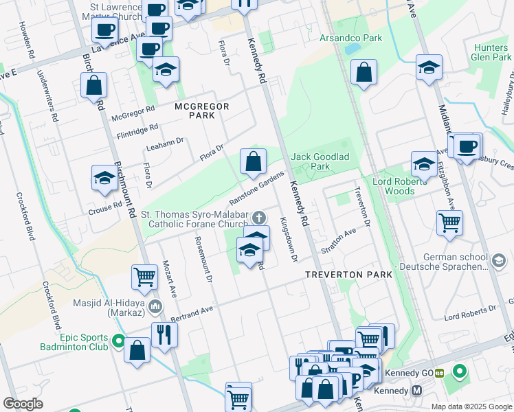 map of restaurants, bars, coffee shops, grocery stores, and more near in Toronto