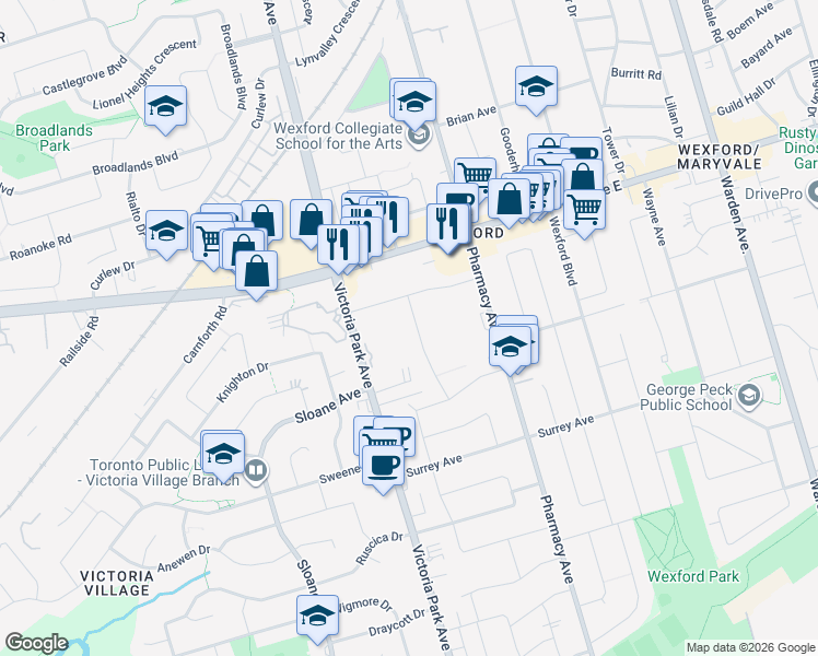 map of restaurants, bars, coffee shops, grocery stores, and more near in Toronto