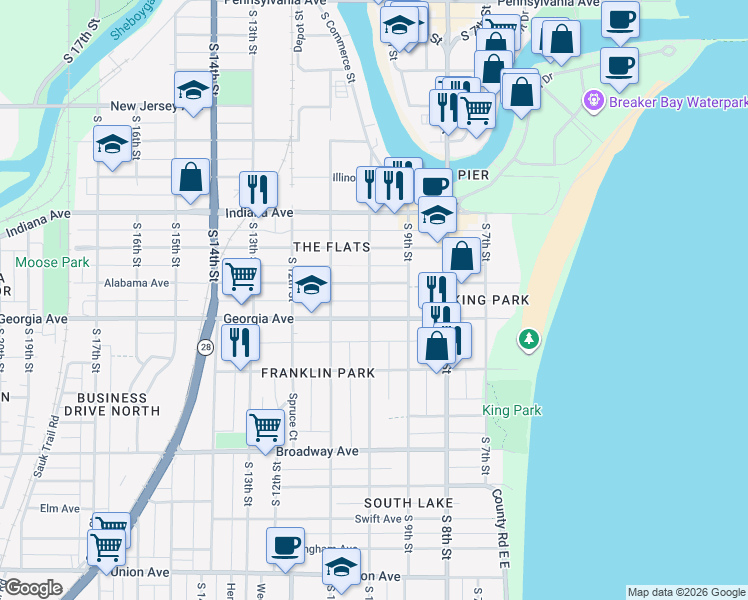 map of restaurants, bars, coffee shops, grocery stores, and more near 922 Georgia Avenue in Sheboygan