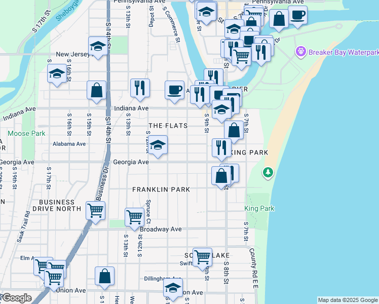 map of restaurants, bars, coffee shops, grocery stores, and more near 922 Georgia Avenue in Sheboygan
